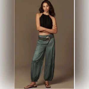 Anthropologie Ruched Parachute Harem Pants Green Satin Viscose Size 8 NWT